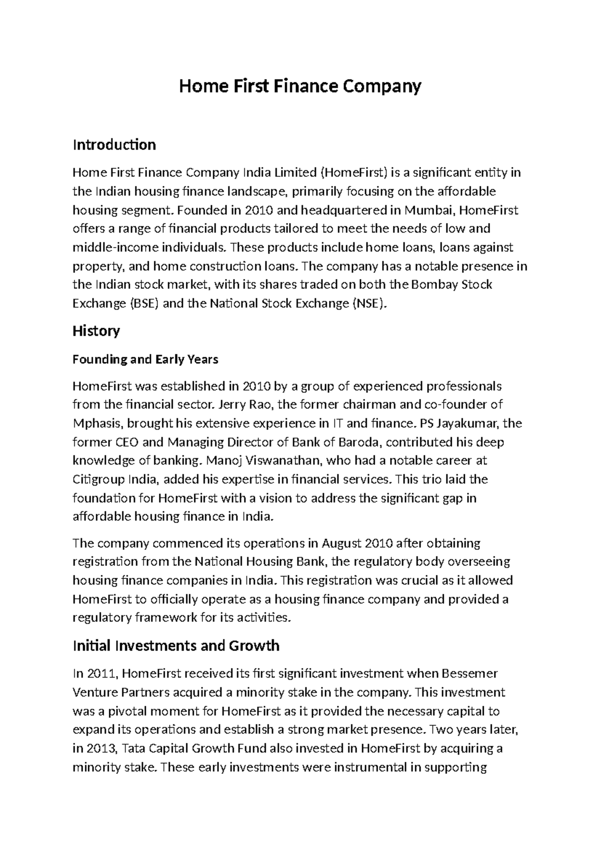 HFFC - Overview and Growth of Home First Finance Company - Studocu