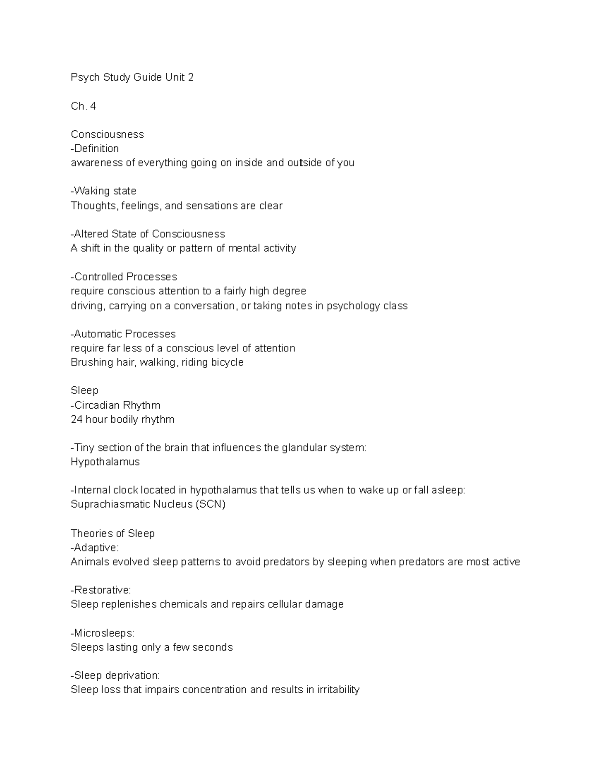 Psych 101 Study Guide: Consciousness and Learning Concepts (Ch. 4-5 ...