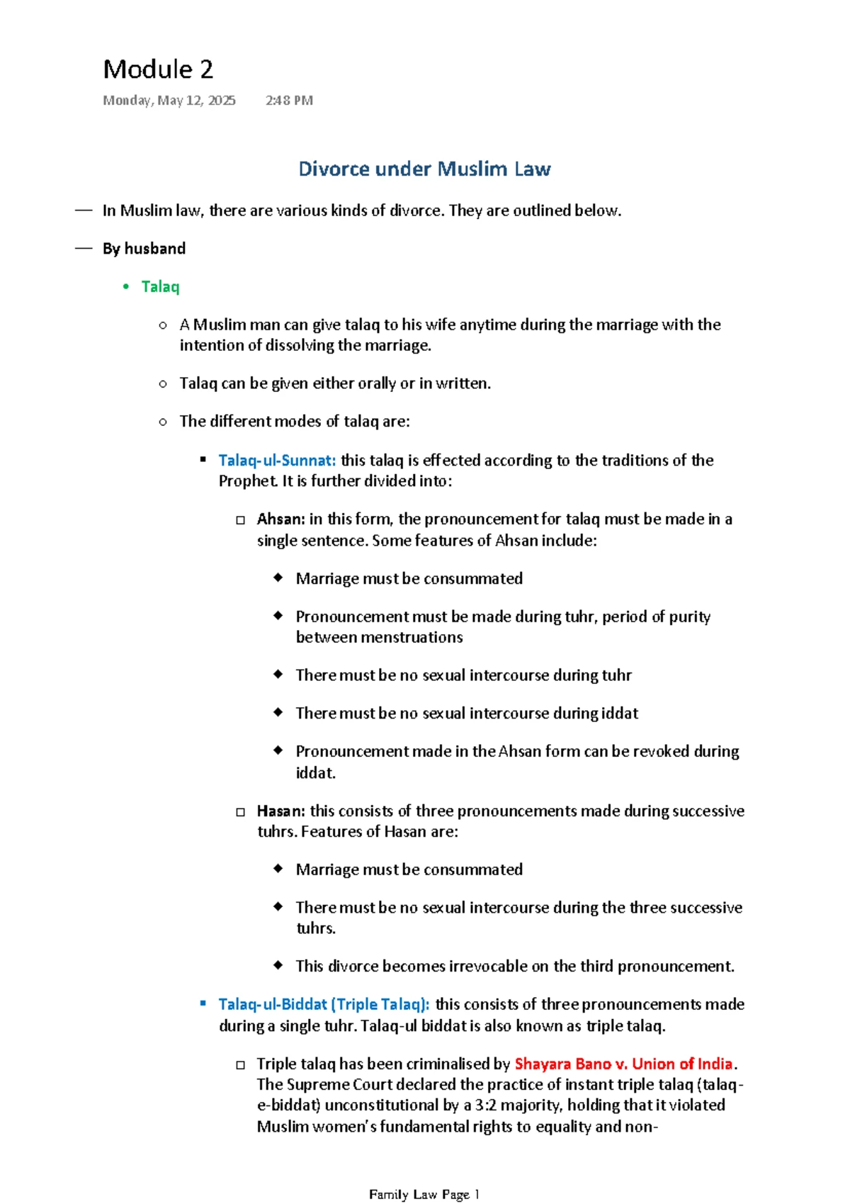 Family Law - Module 1: Sources and Principles of Muslim Law - Studocu