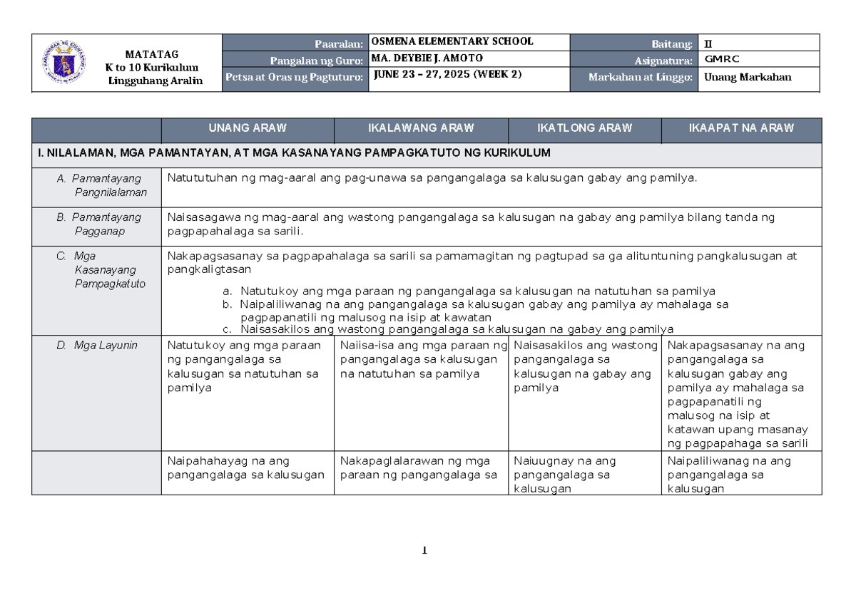DLL Matatag GMRC 2 Q1 W2 - Lesson Plans and Activities - Studocu