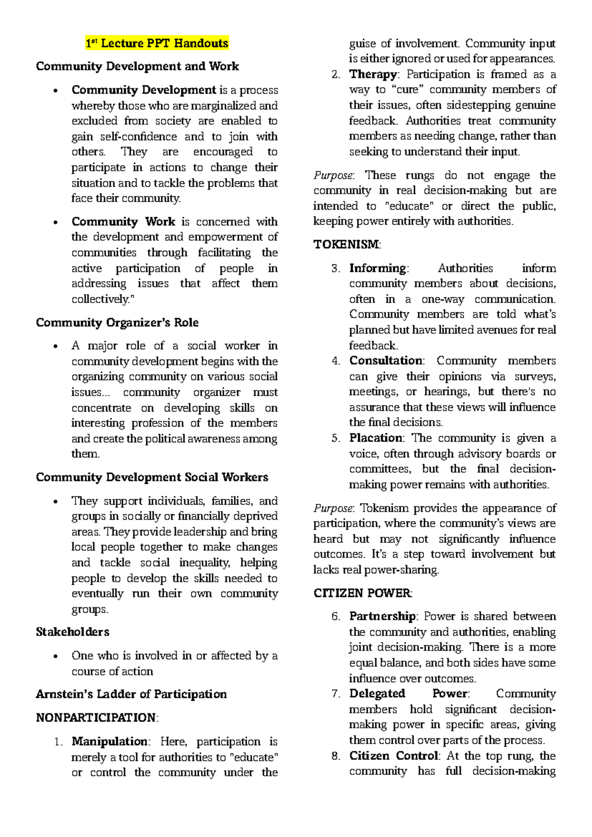 1st Lecture PPT Handouts: Community Development & Empowerment - Studocu