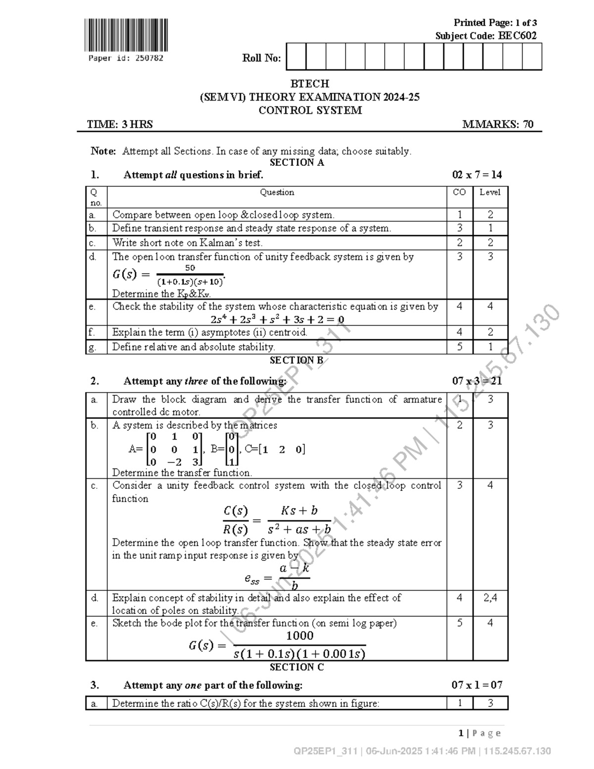 BEC602 - Control System Theory Exam Paper (BTECH SEM VI) - Studocu