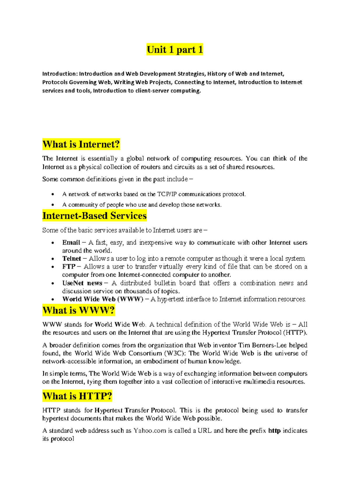 WT Unit 1: Intro to Web Development, Internet Protocols & Core Java ...