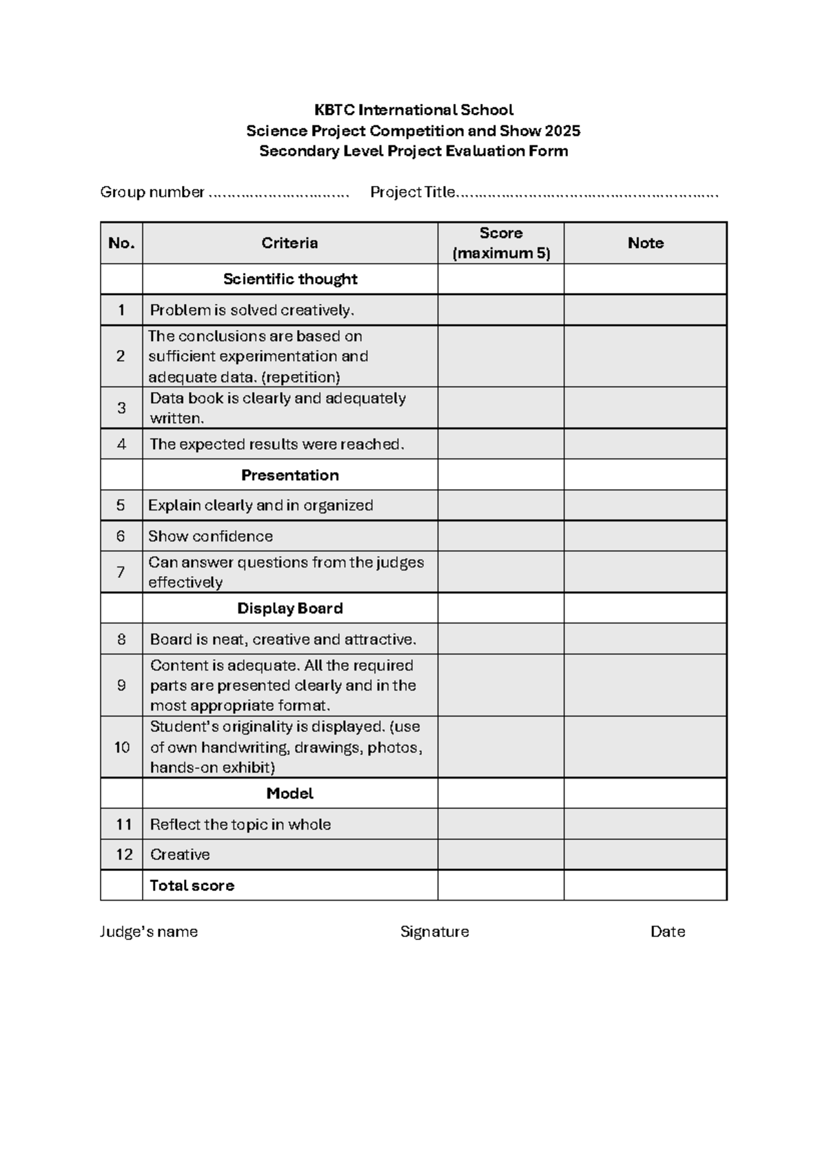 Science project evaluation 2025 - KBTC International School Science ...