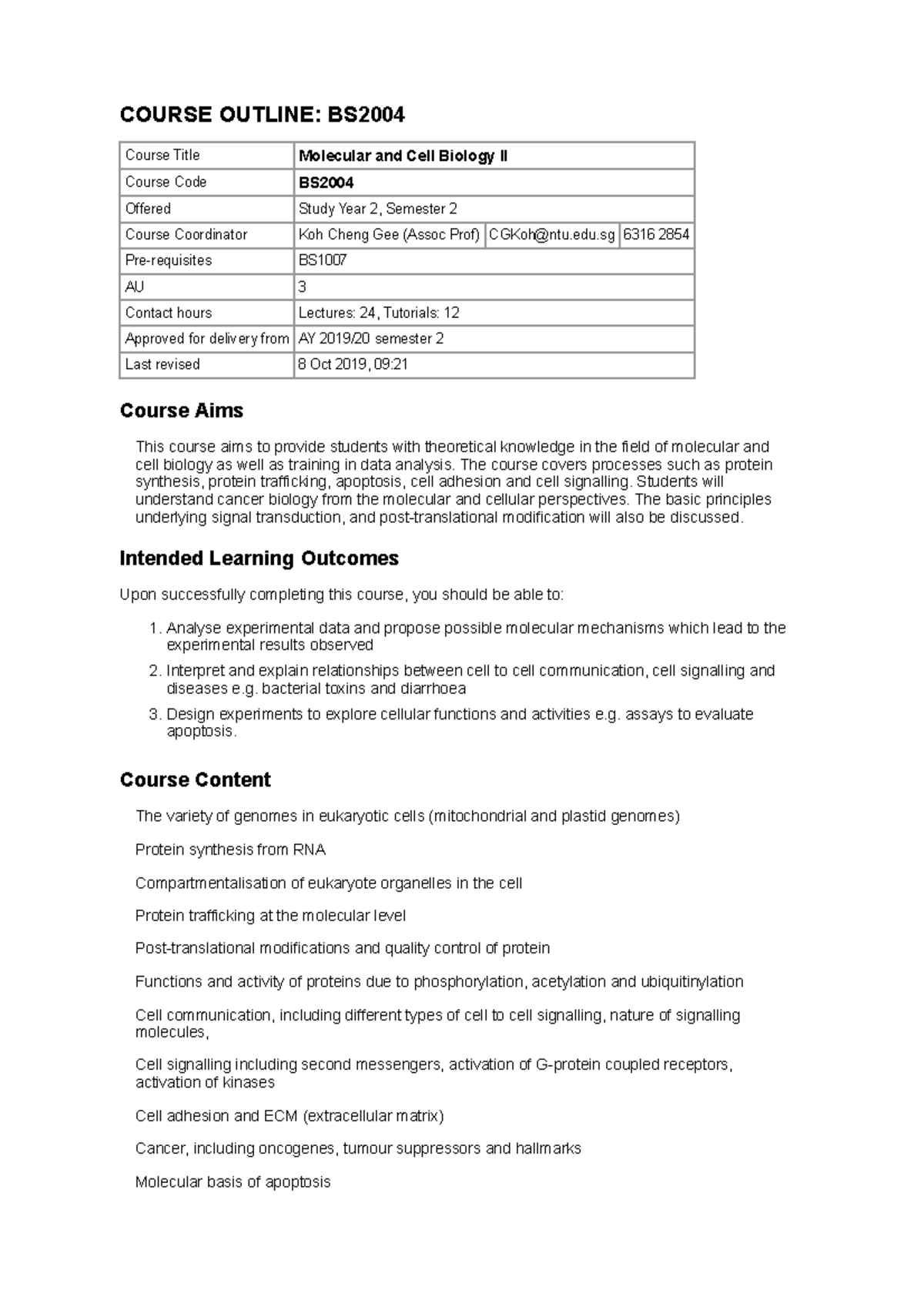 BS2004 - COURSE OUTLINE: BS Course Title Molecular and Cell Biology II ...
