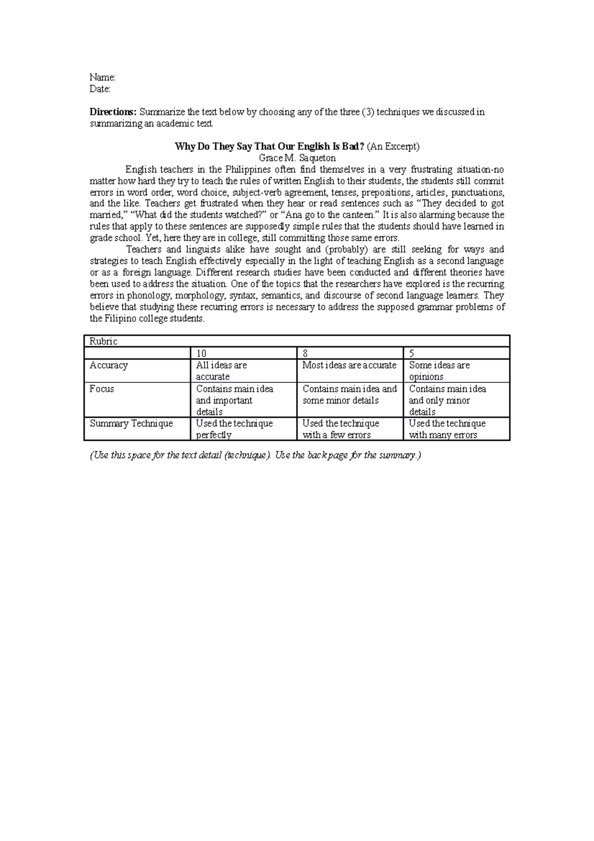 G11 Text Summarization Activity: Techniques for Academic Writing - Studocu