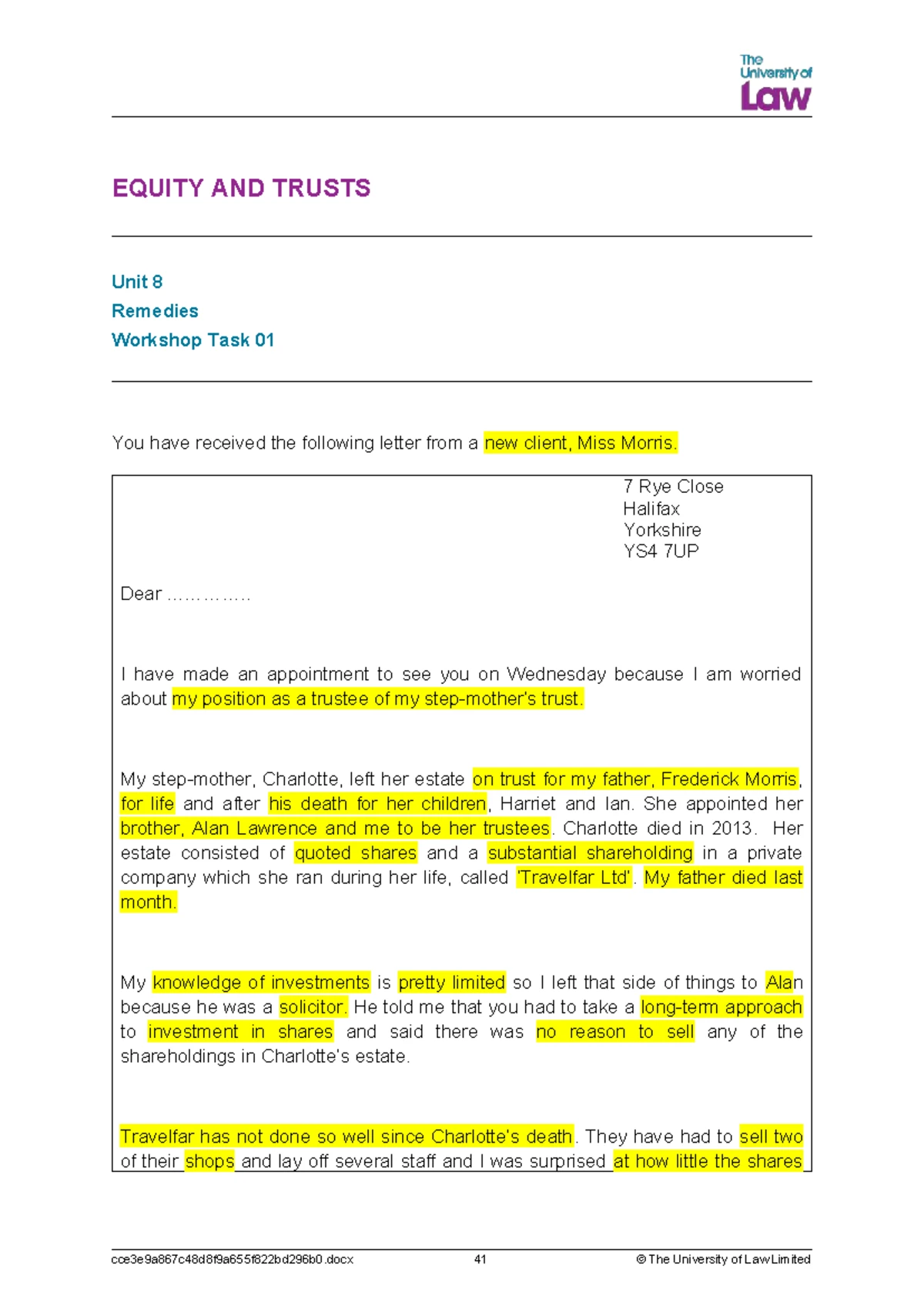 E&T - Unit One - lecture notes reading workshop - EQUITY AND TRUSTS ...