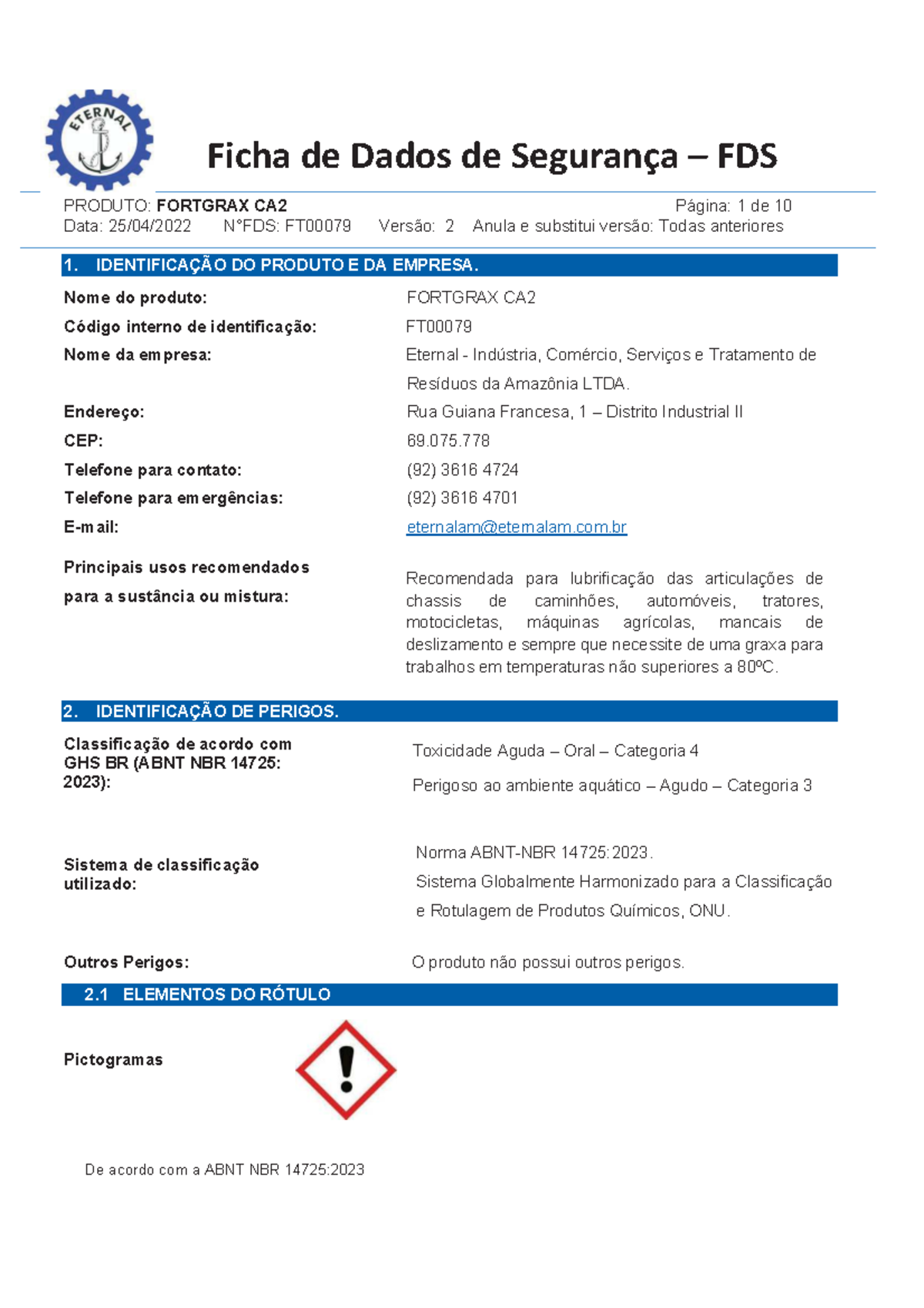 Ficha de Dados de Segurança (FDS) - FORTGRAX CA2 - Versão 2 - Studocu