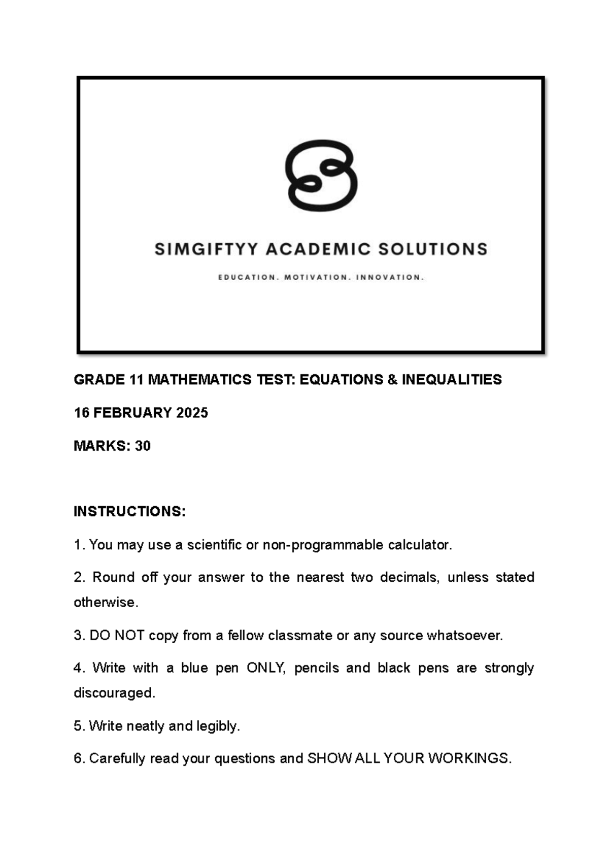 Grade 11 Mathematics TEST 1 - MAT1503 - GRADE 11 MATHEMATICS TEST ...