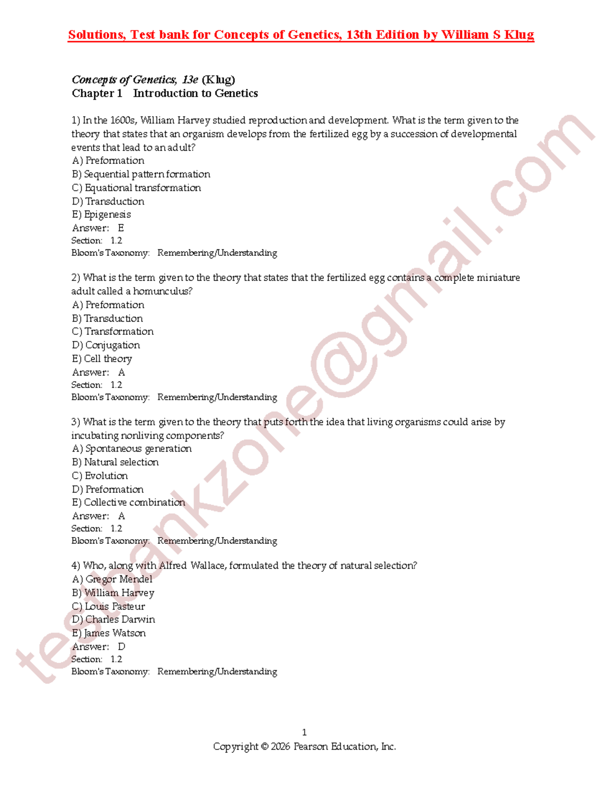 Test Bank for Concepts of Genetics (13th Edition) - Chapter 1 Solutions ...