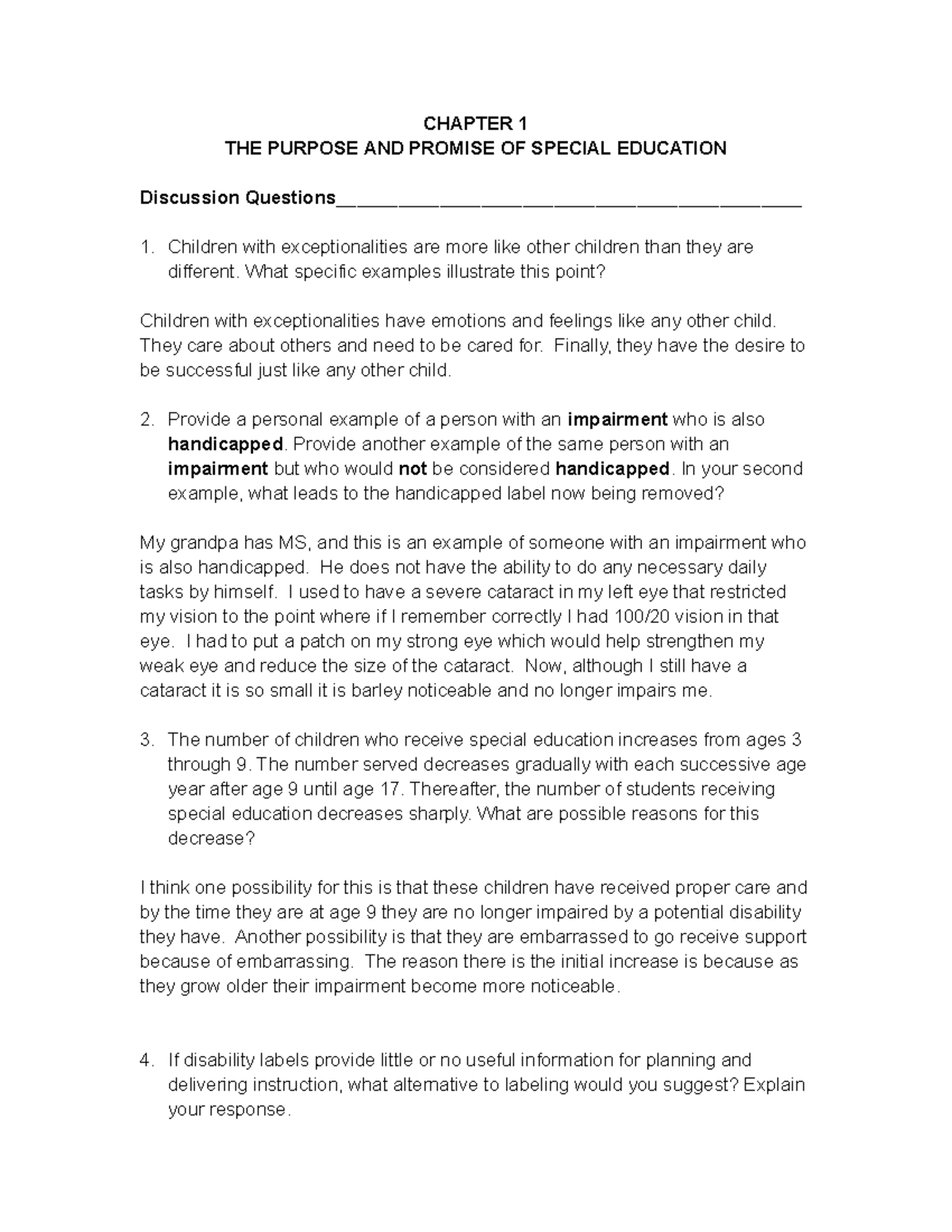 Special Education SED 101 Chapter 1 Discussion Questions Guide - Studocu