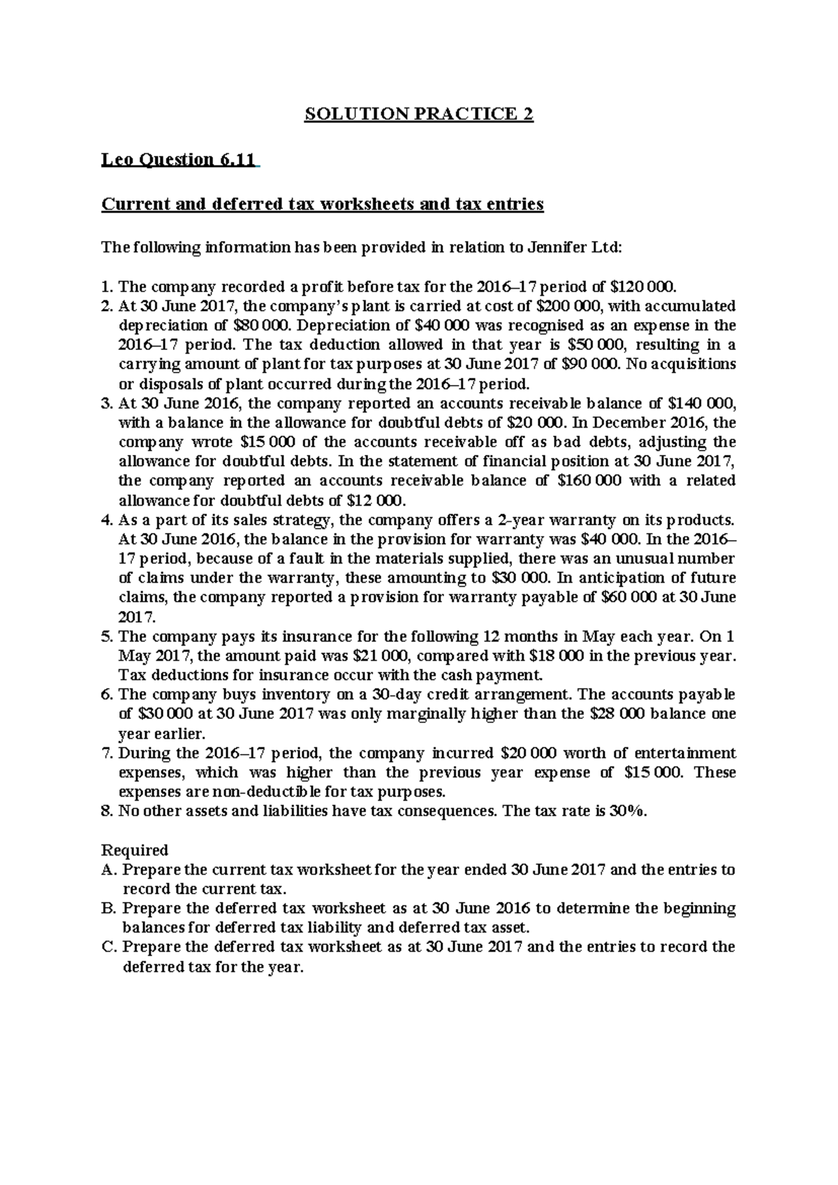 ACCT2201 Solution Practice 2 Current & Deferred Tax Analysis 2023 - Studocu
