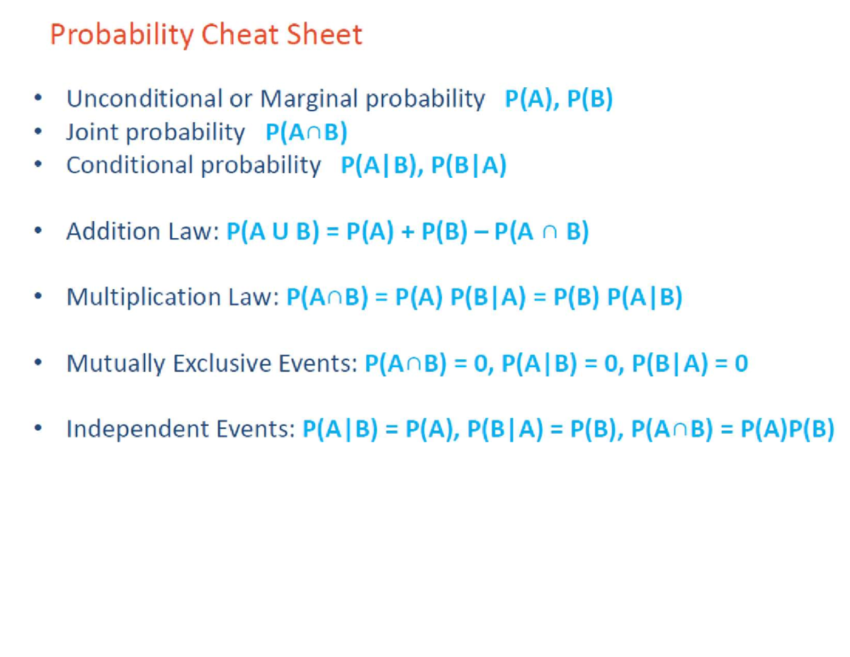 Probability Formulas - BADM 210 - Probability Cheat Sheet Unconditional ...