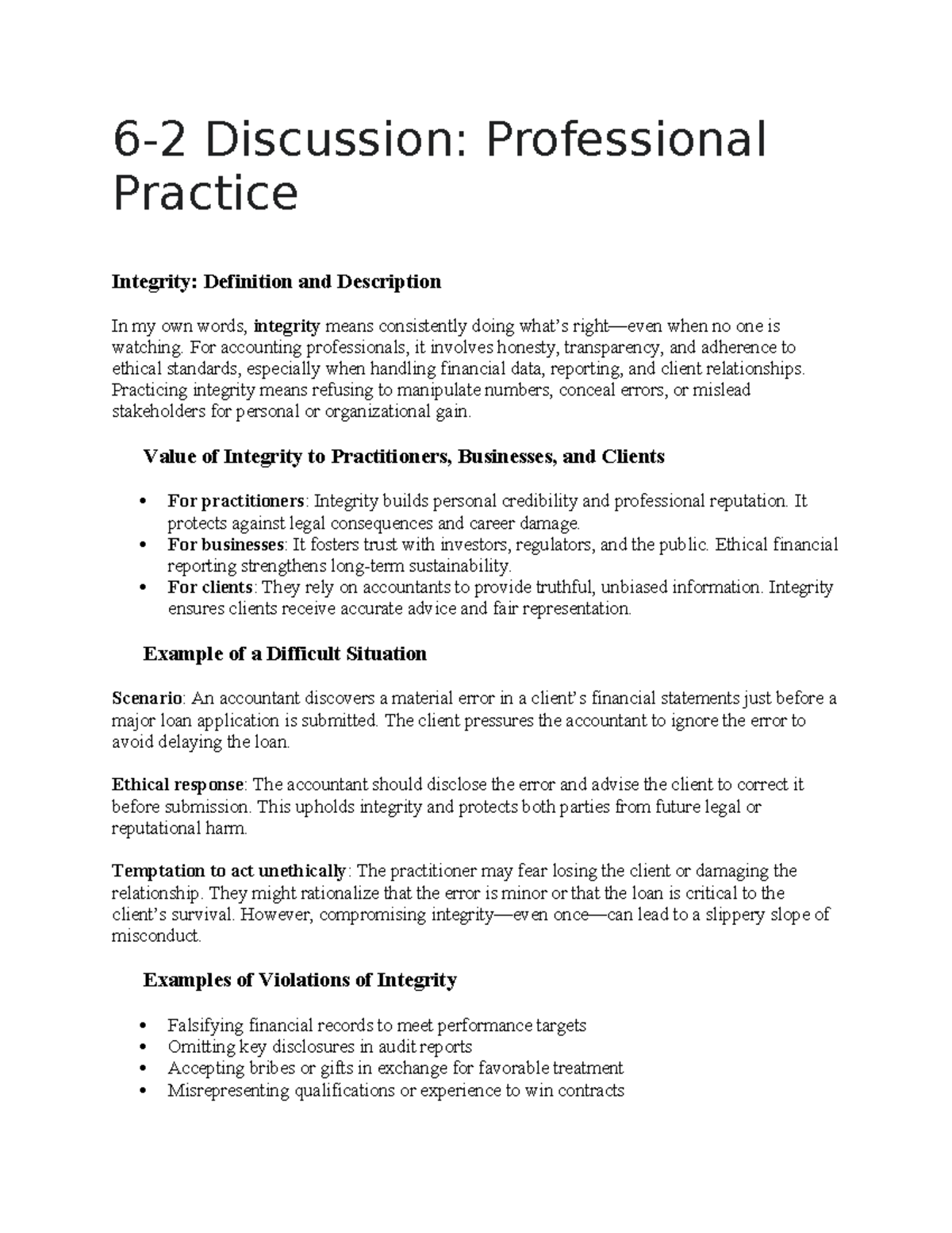 Discussion on Professional Practice Integrity: ACC 202 Week 2 - Studocu