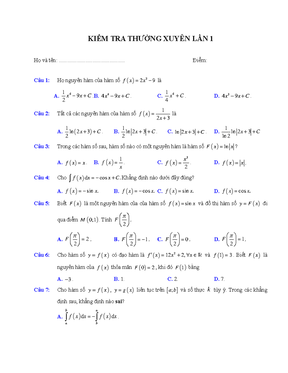 KIỂM TRA THƯỜNG XUYÊN LẦN 1 Môn Toán (MATH 101) - Studocu