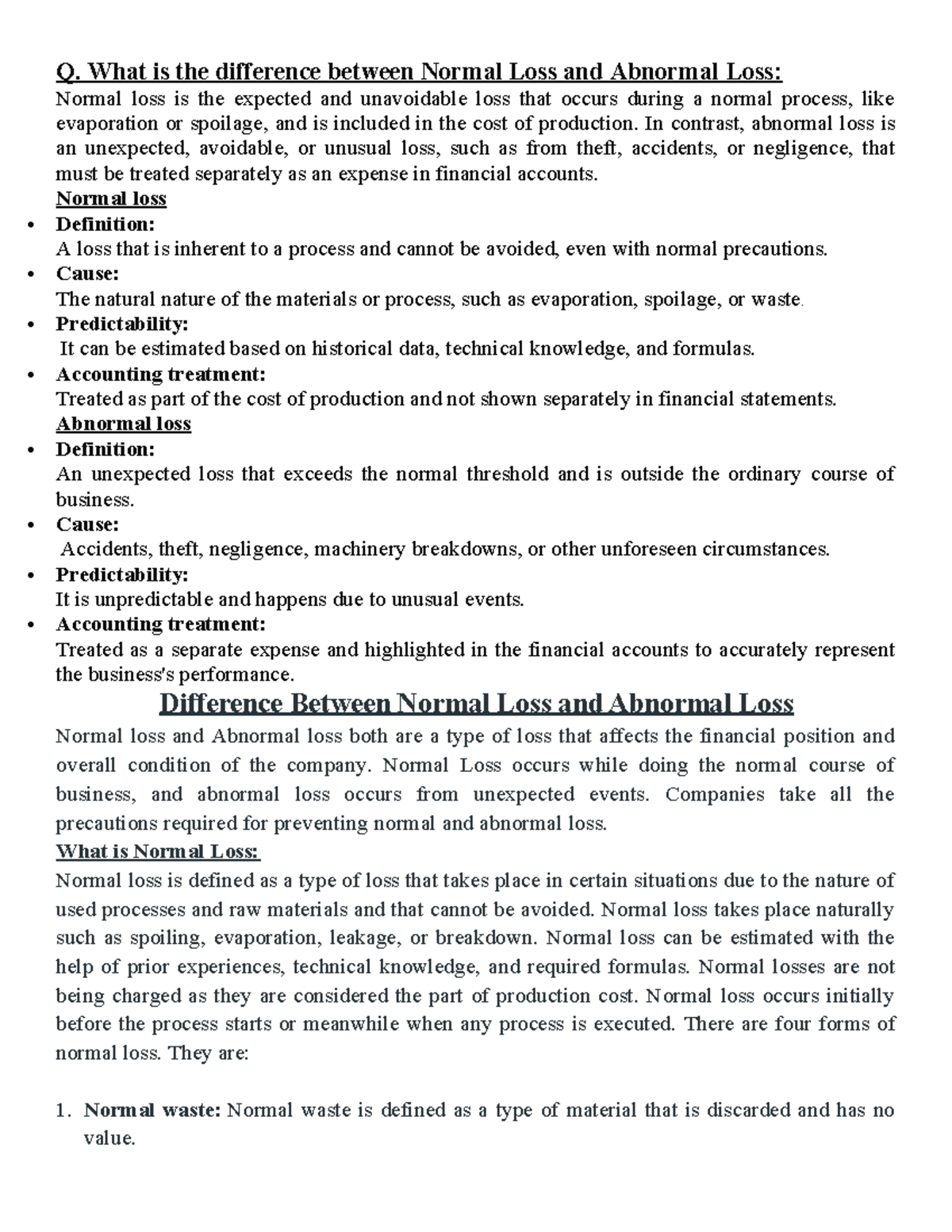Accounting Important Long Questions: Normal vs Abnormal Loss - Studocu