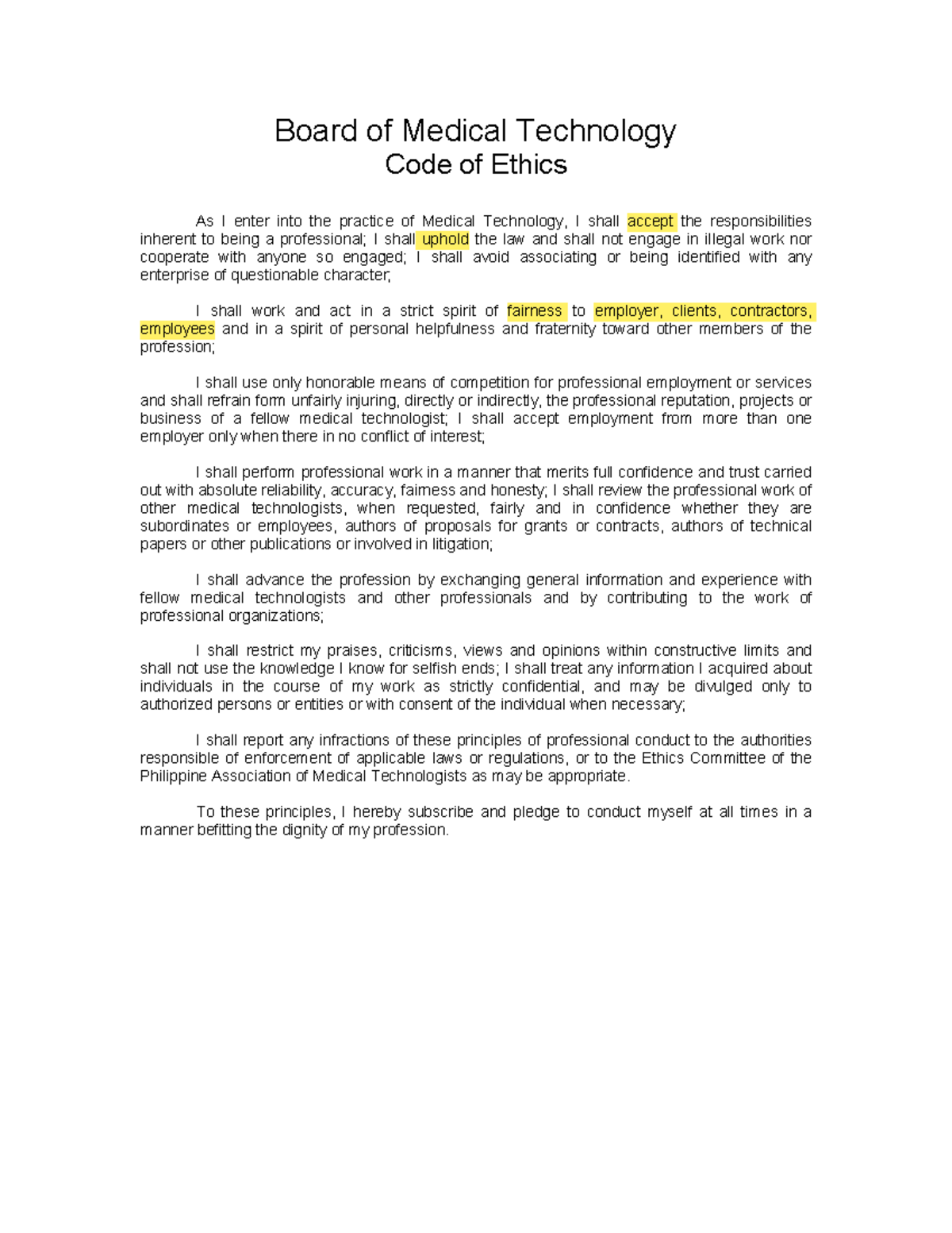 Board of Medical Technology Code of Ethics - CE - Studocu