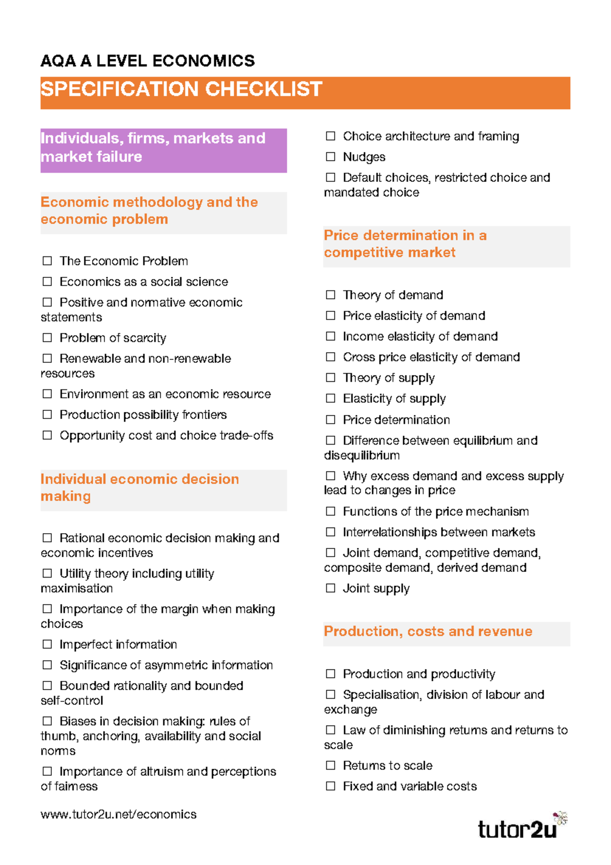 AQA A Level Economics Specification Checklist: Key Concepts and Topics ...
