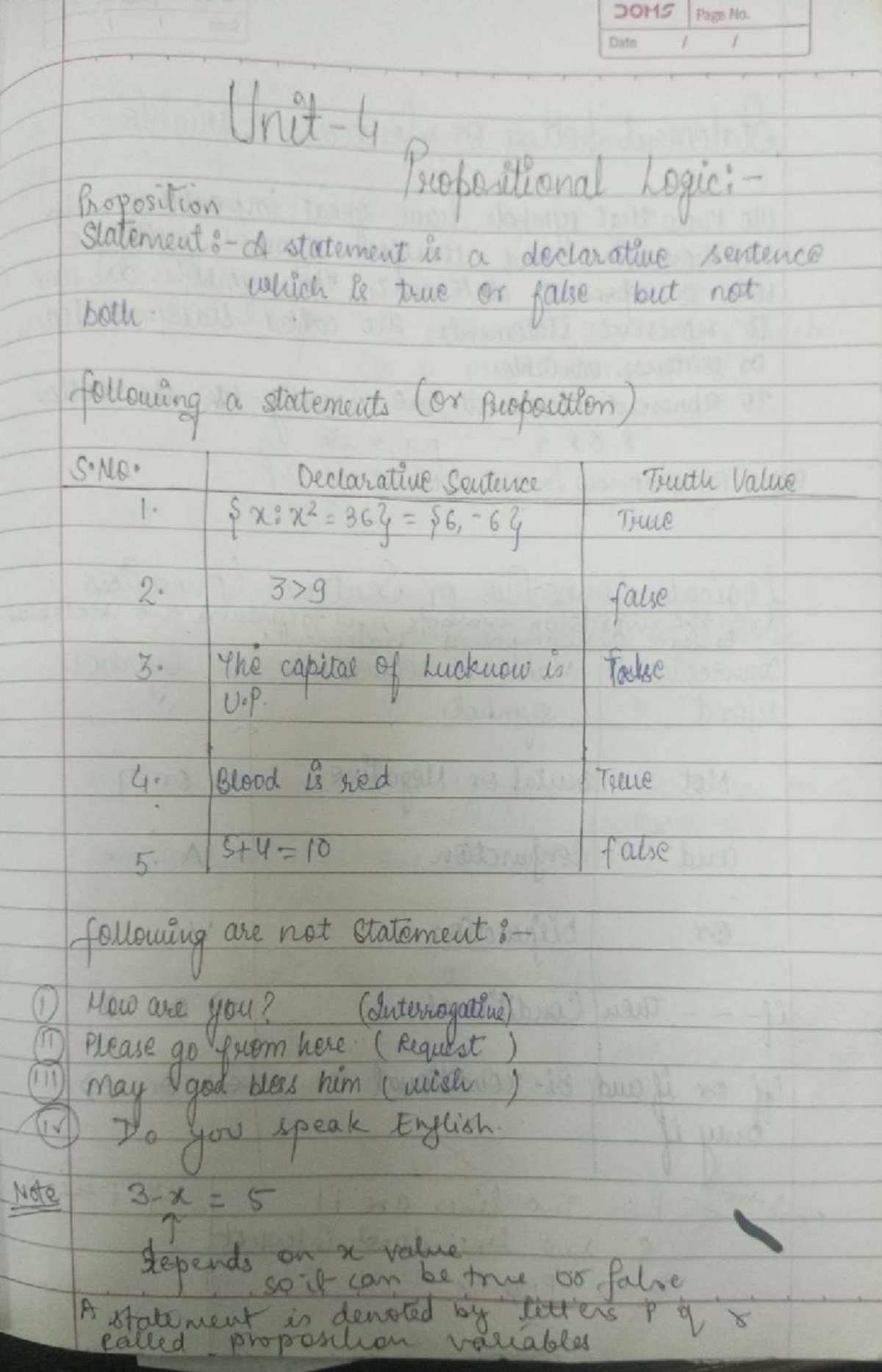 Unit 4 - Logic and Propositional Statements Notes (DOMS) - Studocu
