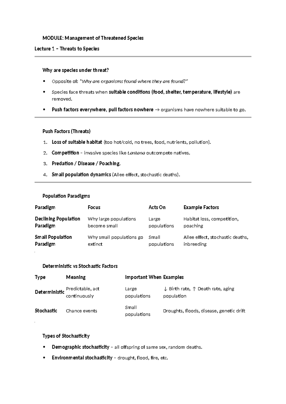 MODULE: Management of Threatened Species Lecture 1 & 2 - Threats and ...
