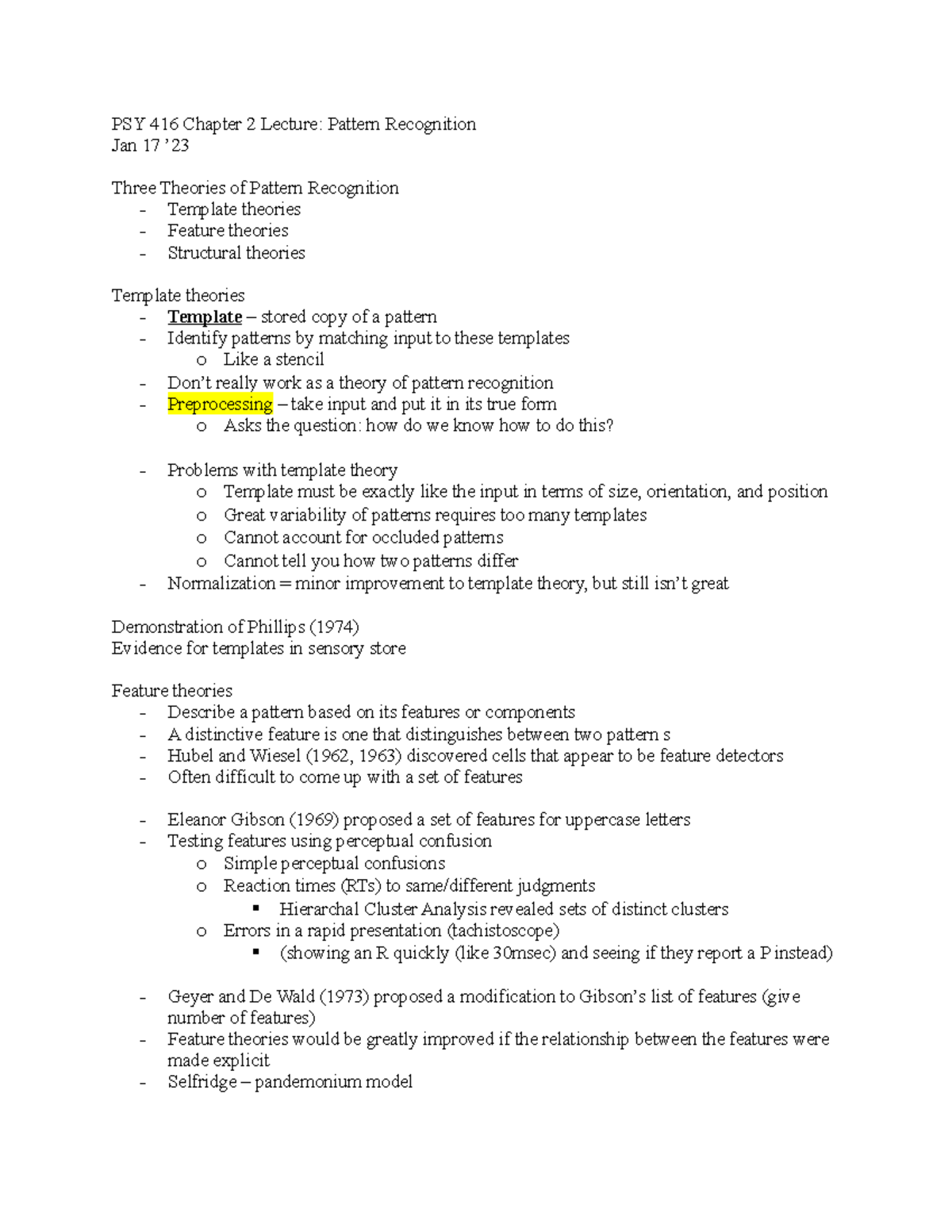 Cognition (PSY416) Week 2 Lecture Notes: Pattern Recognition Theories ...