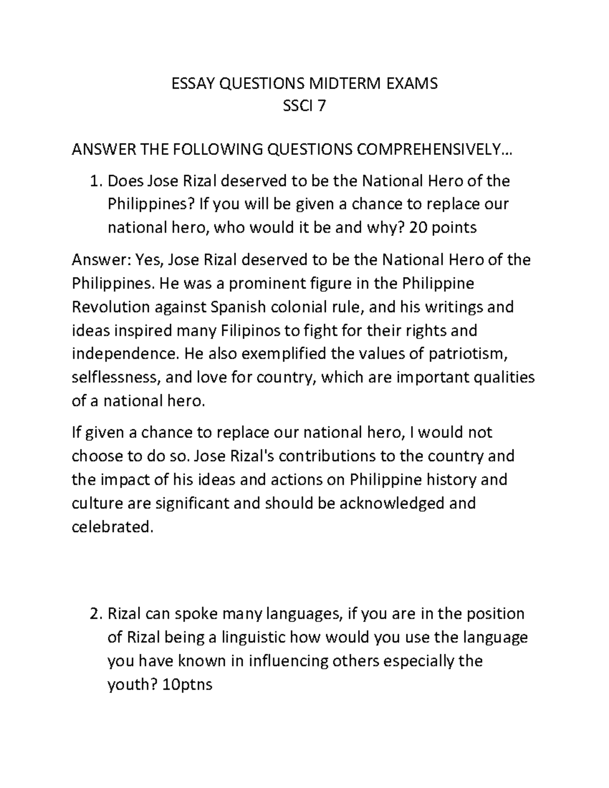 Essay Questions Midterm Exams - ESSAY QUESTIONS MIDTERM EXAMS SSCI 7 ...