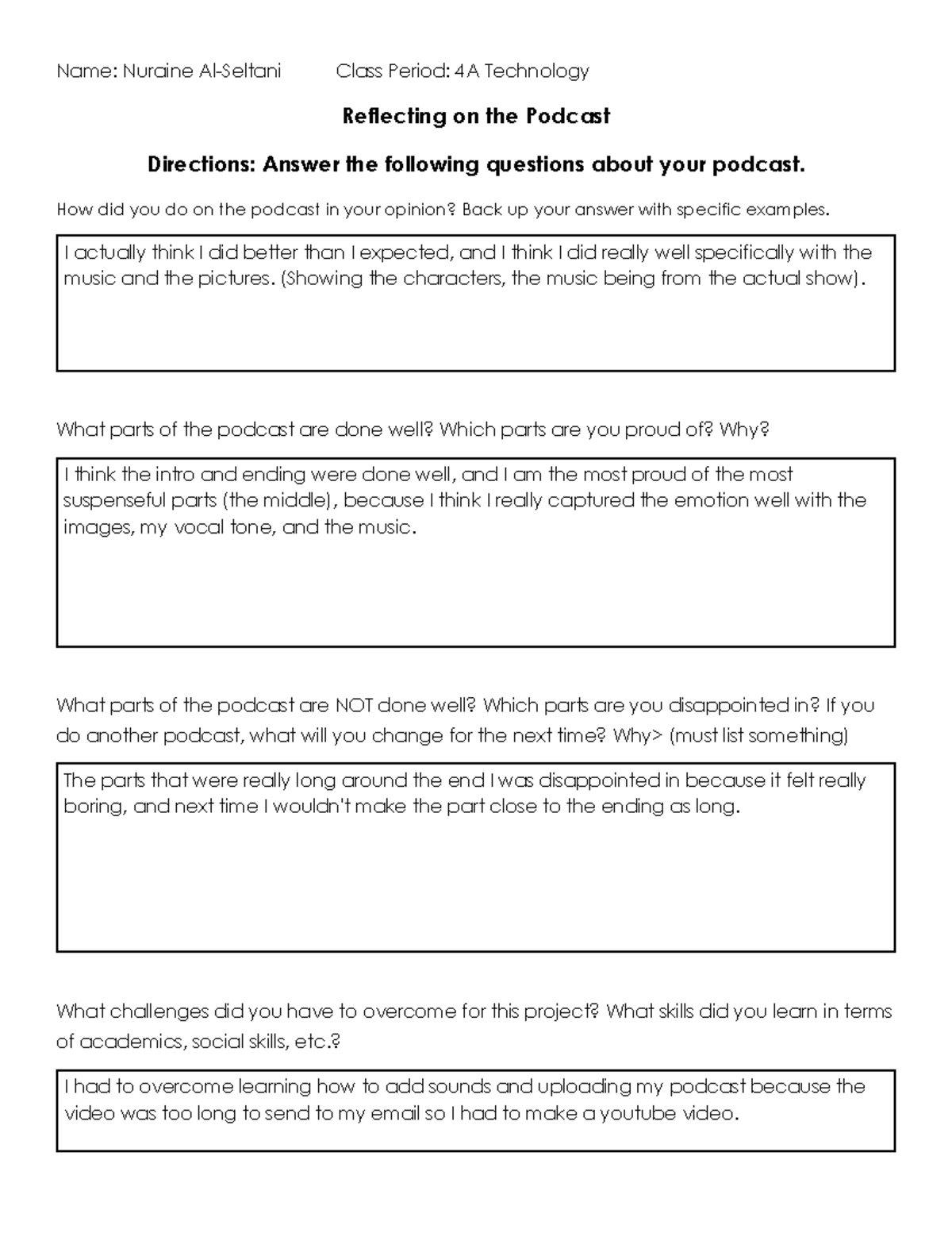 Reflecting on the Podcast: Insights and Improvements for Class 4A - Studocu