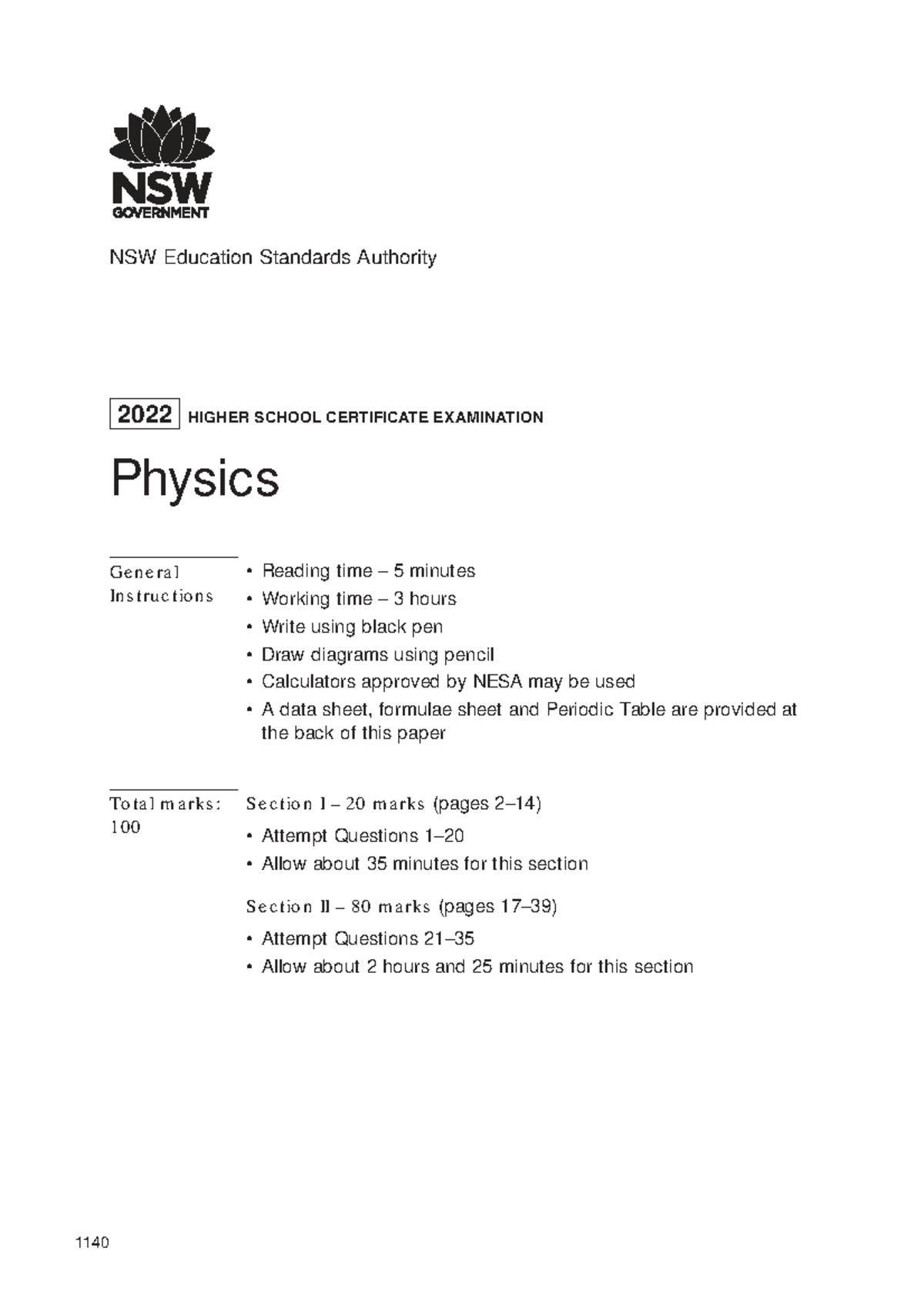 HSC Physics 2022 Exam Instructions & Sample Questions - Studocu