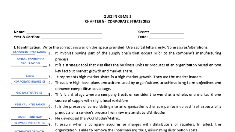 CBME 2 Quiz: Chapter 5 - Corporate Strategies & BCG Matrix - Studocu