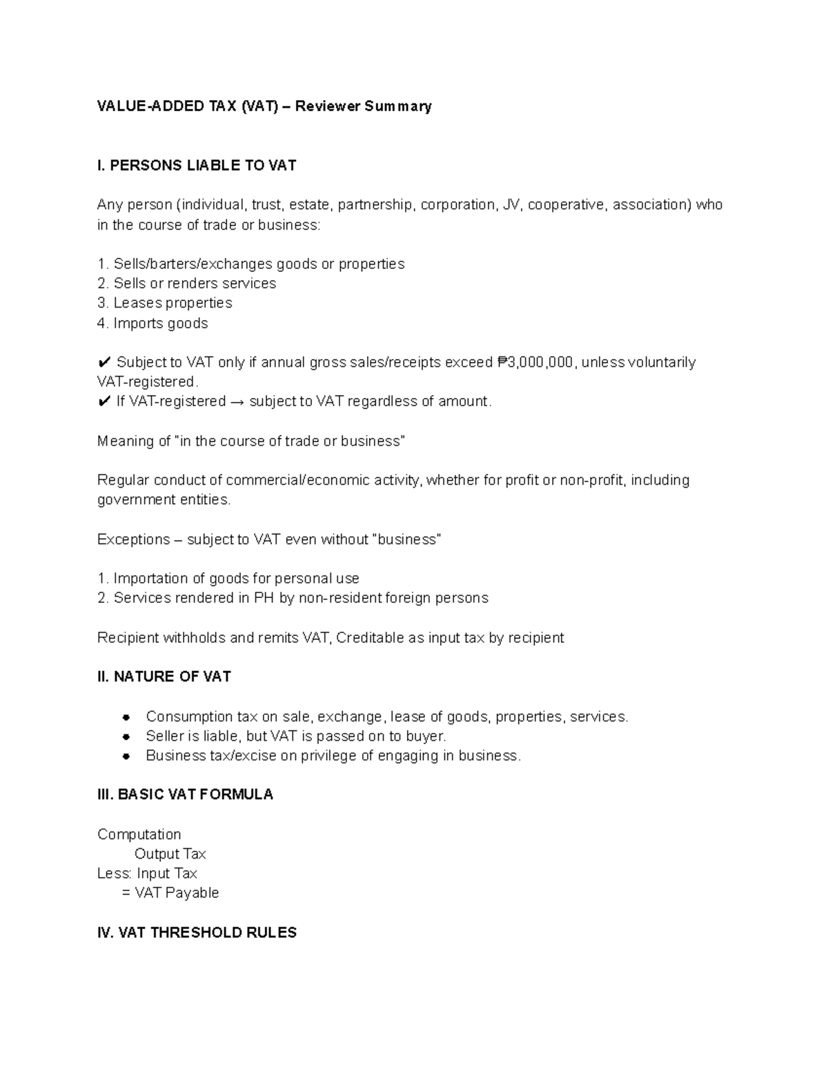 TAX (VAT) Comprehensive Reviewer Summary for Students - Studocu