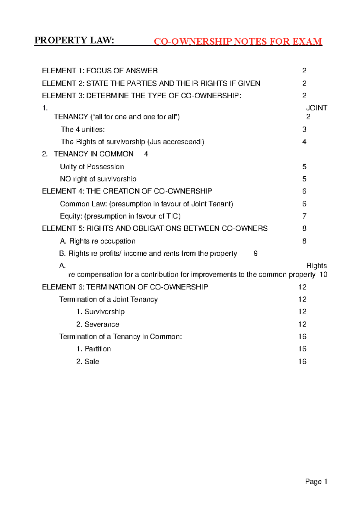PROPERTY LAW: Co-Ownership Notes for Exam Preparation (PL-101) - Studocu