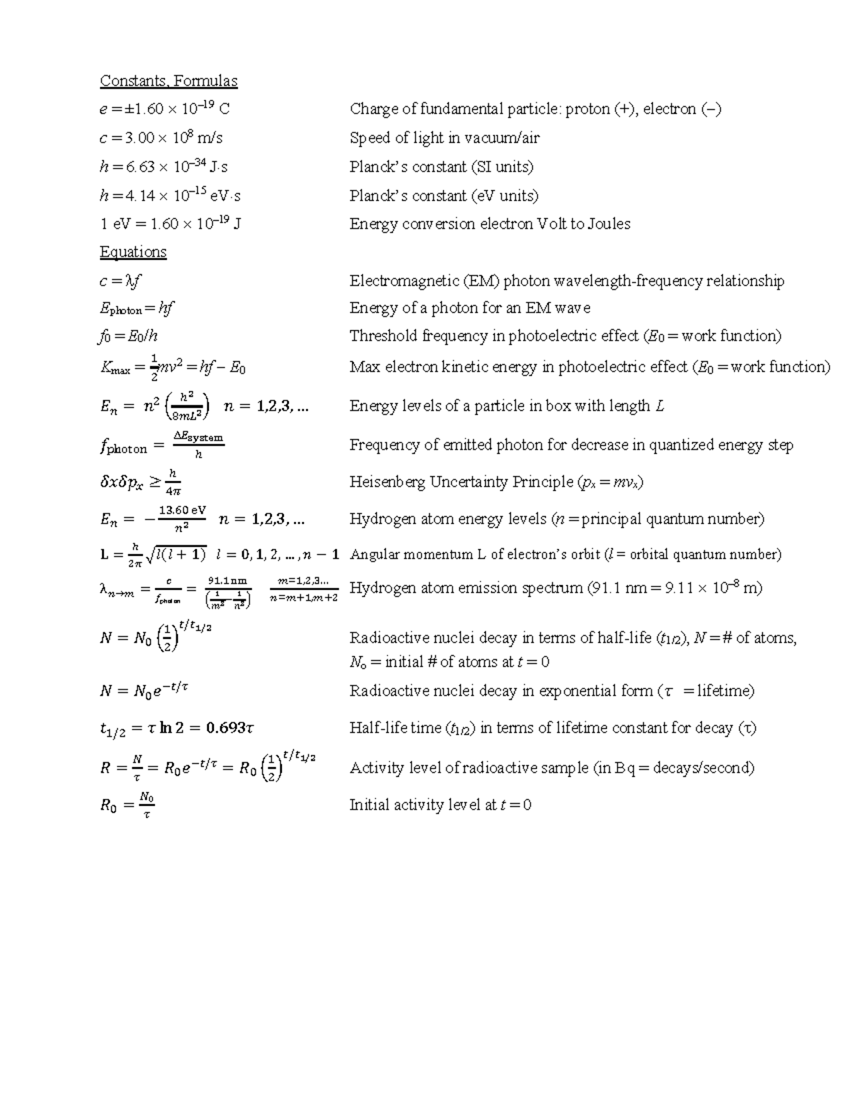Equation Sheet - EEE: Constants & Formulas for Particle Physics - Studocu