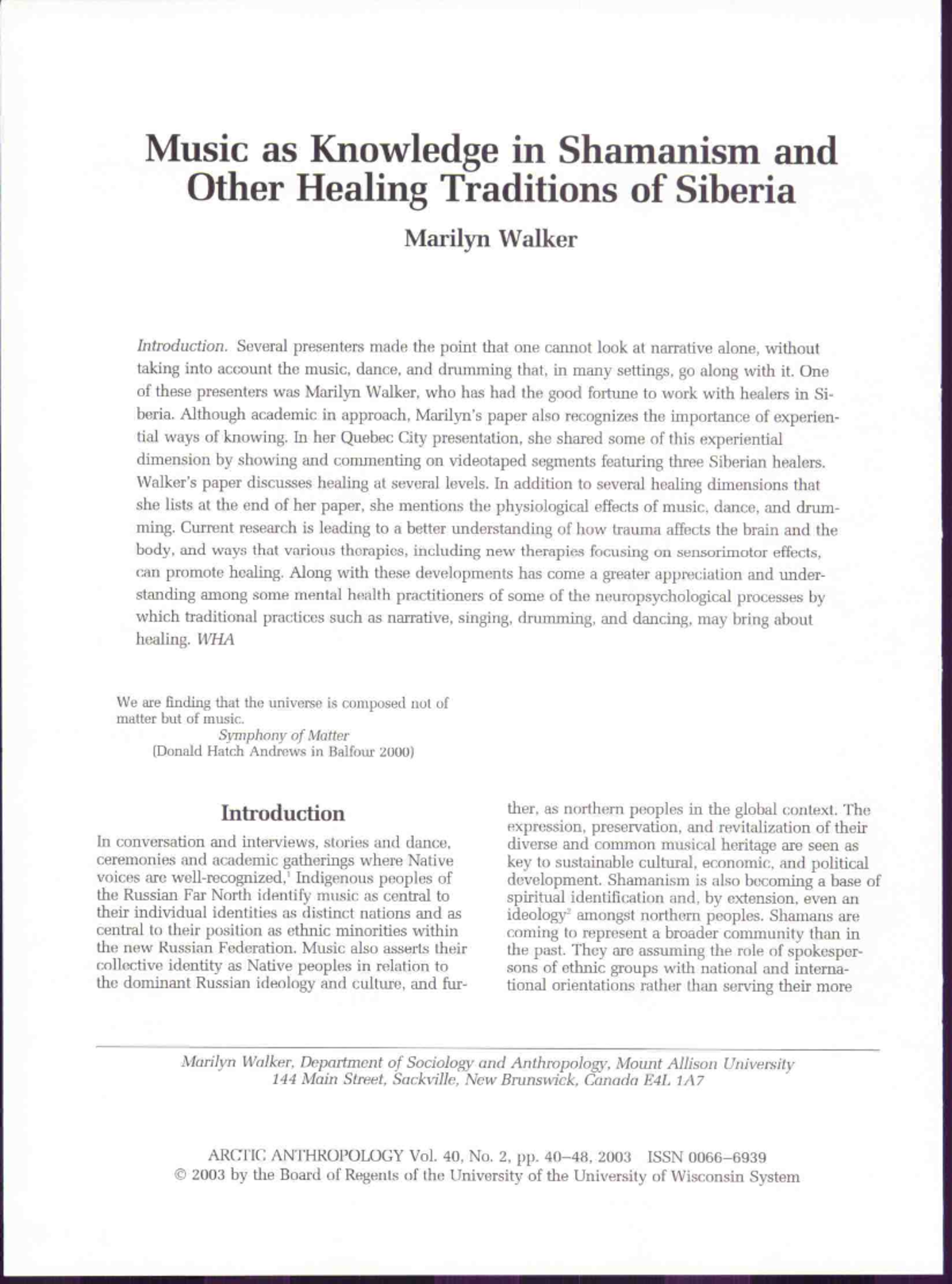 Music as Knowledge in Shamanism and Healing Traditions - Studocu
