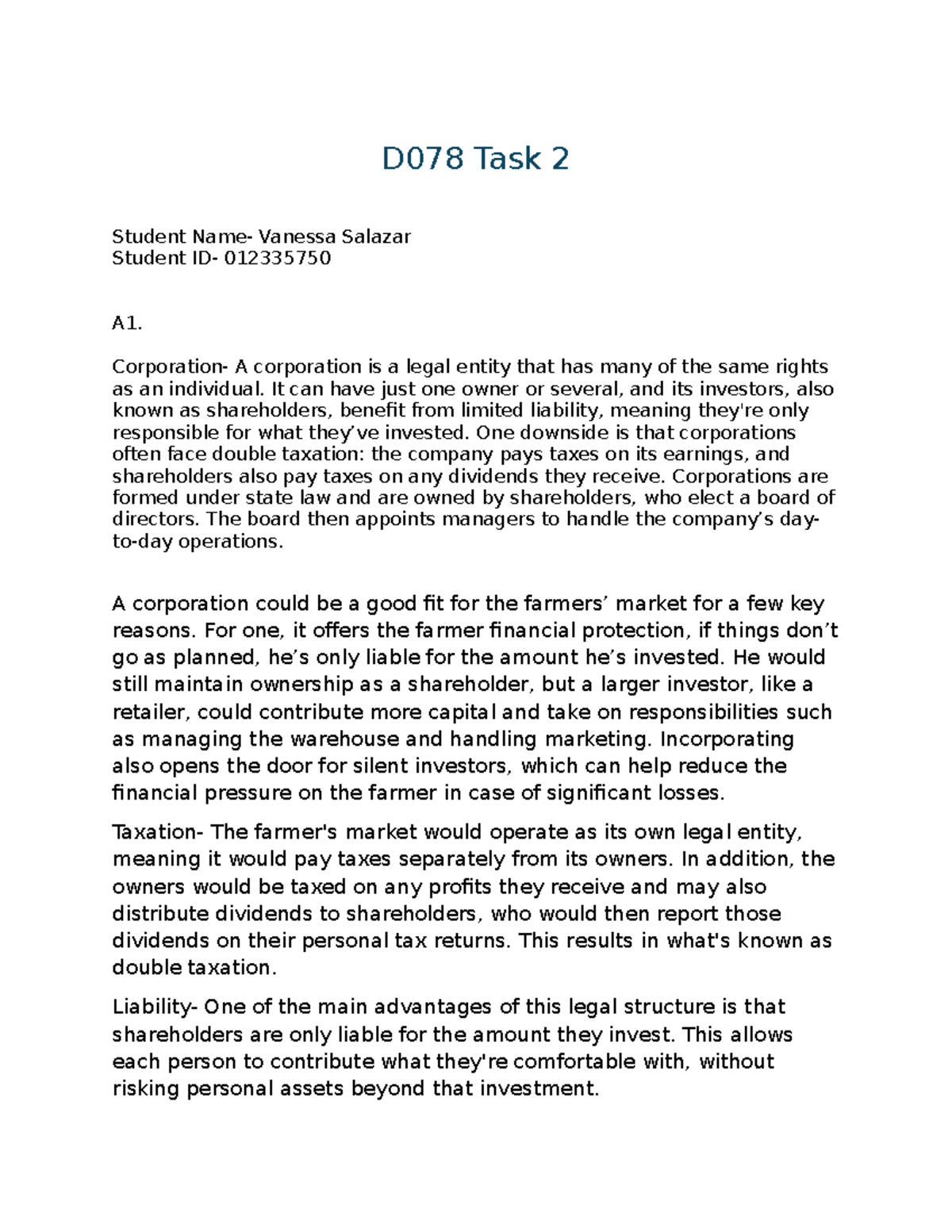 D078 Task 2 - Corporate Structures and Ethical Considerations - Studocu