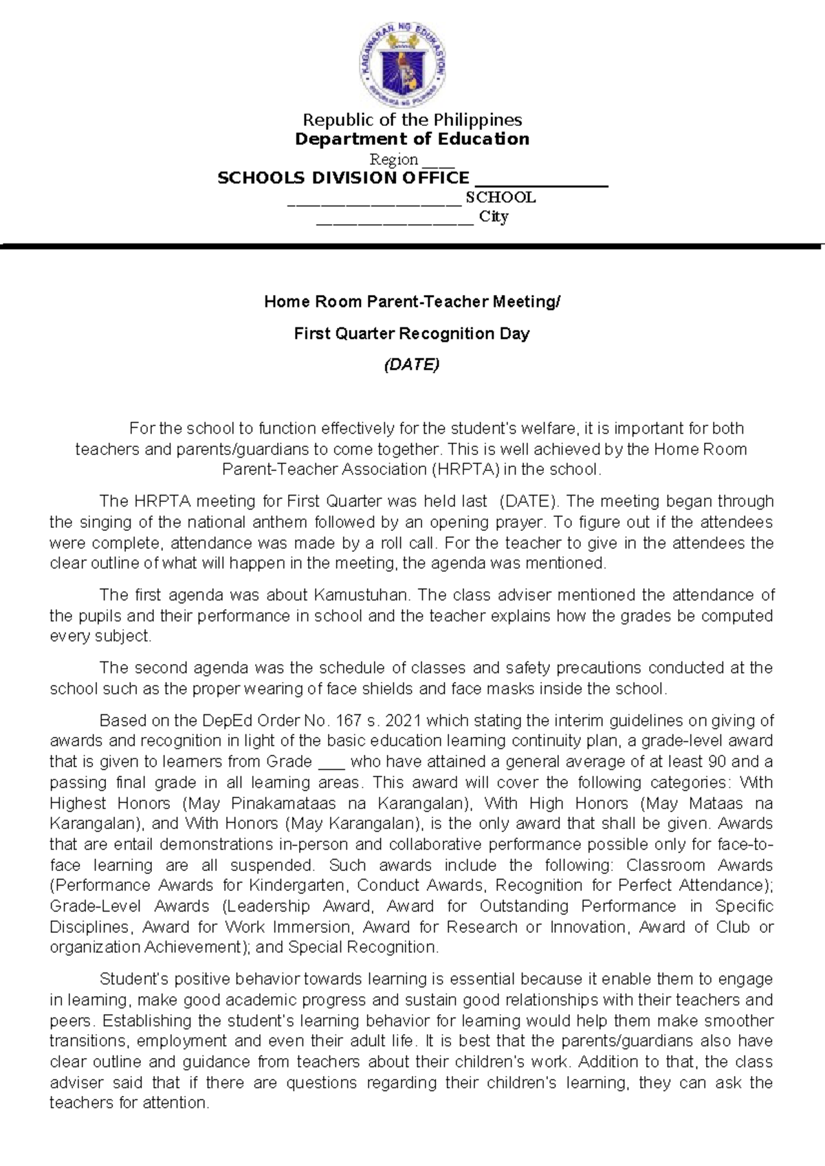 First Quarter HRPTA Narrative Report - School Recognition Day - Studocu