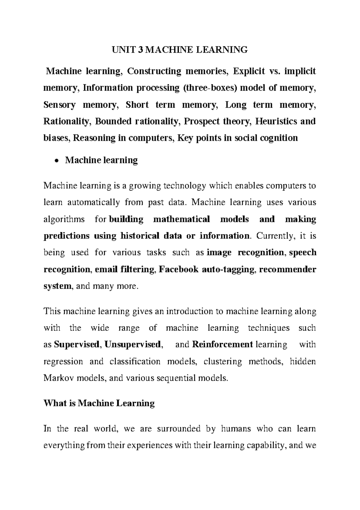 Unit 3 Notes - Machine Learning Concepts and Applications - Studocu