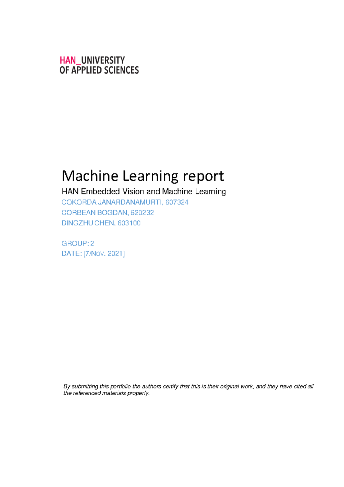 Machine Learning Group Project Report EVML EVD3 21-22 - Studeersnel