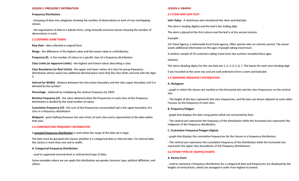 STATS - Lesson 3 & 4: Frequency Distribution & Graphs Overview - Studocu