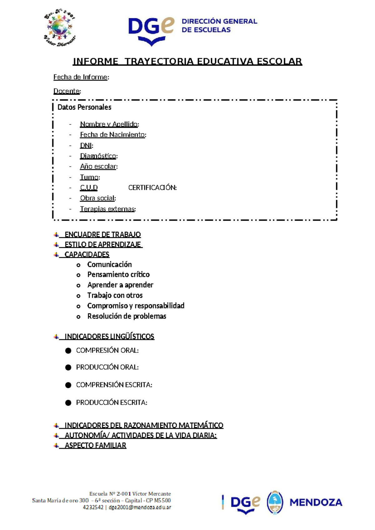 Formato DE Informe PARA Entregar - INFORME TRAYECTORIA EDUCATIVA ...