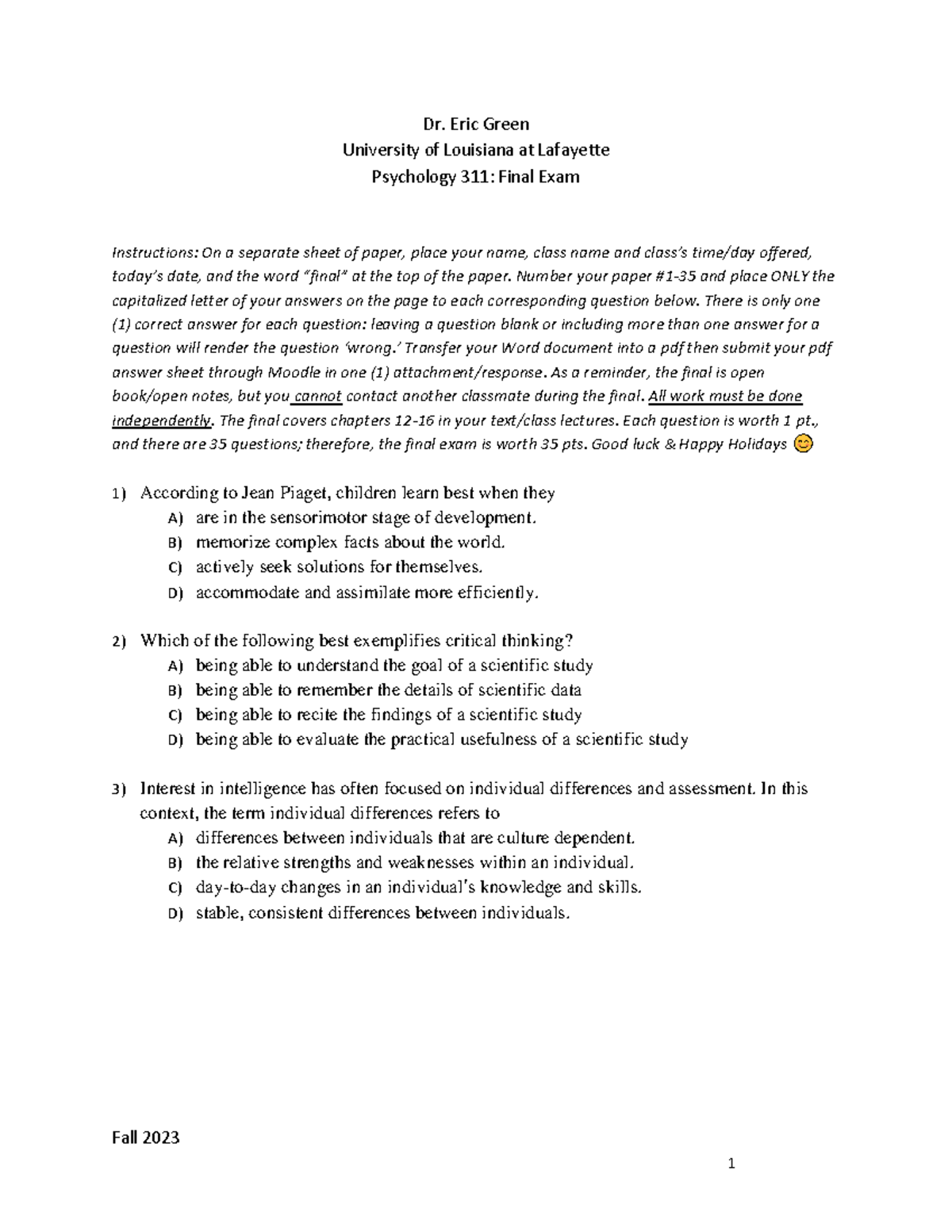 Fall 2023 Psych 311 Final Exam version 1 - Fall 2023 Dr. Eric Green ...