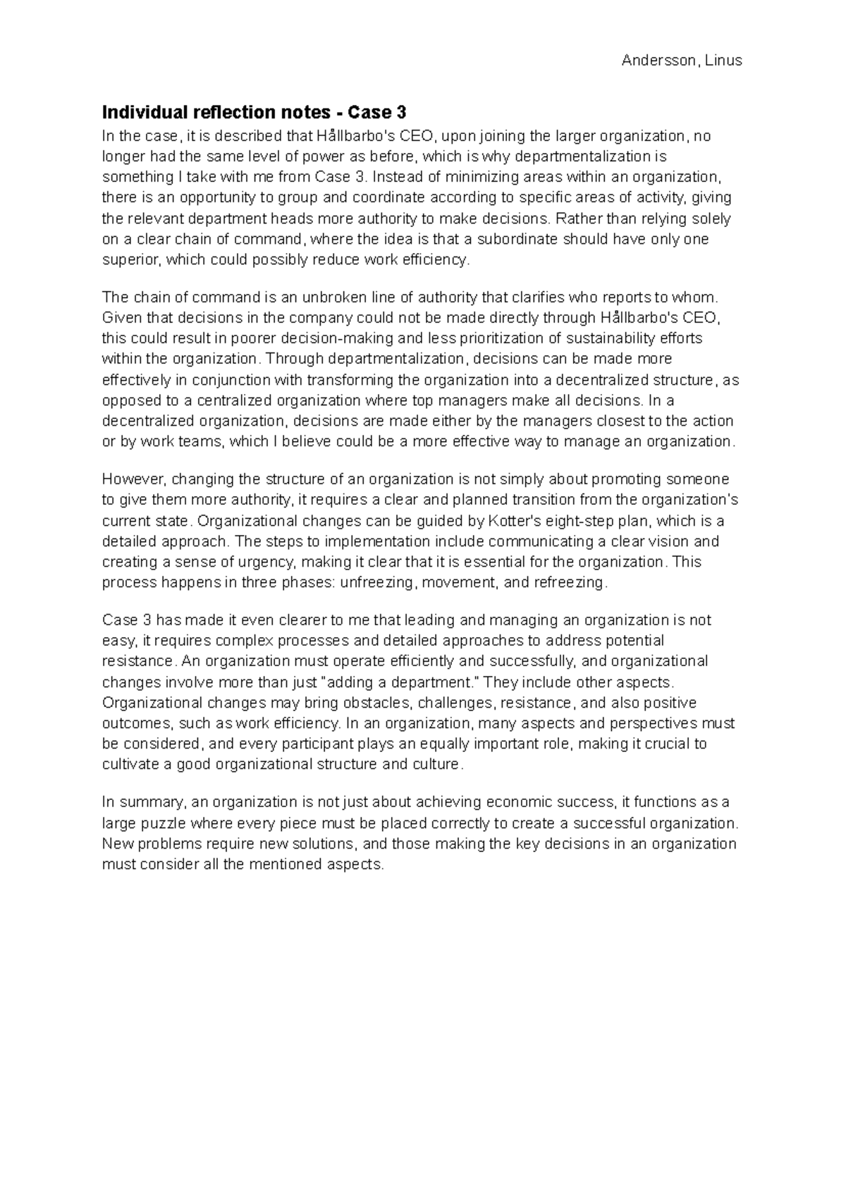 Case 3 reflection notes on organizational structure and management ...