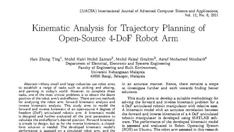 Kinematic Analysis for Trajectory Planning of Robot Arm (IJACSA) - Studocu