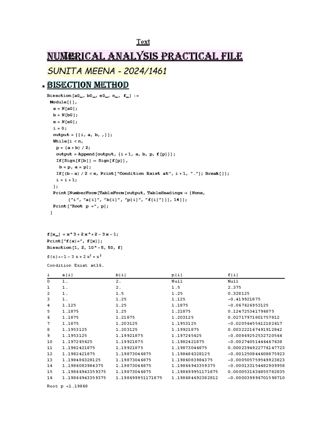 Numerical Analysis Practical File (1461) - Bisection, Newton, Secant ...