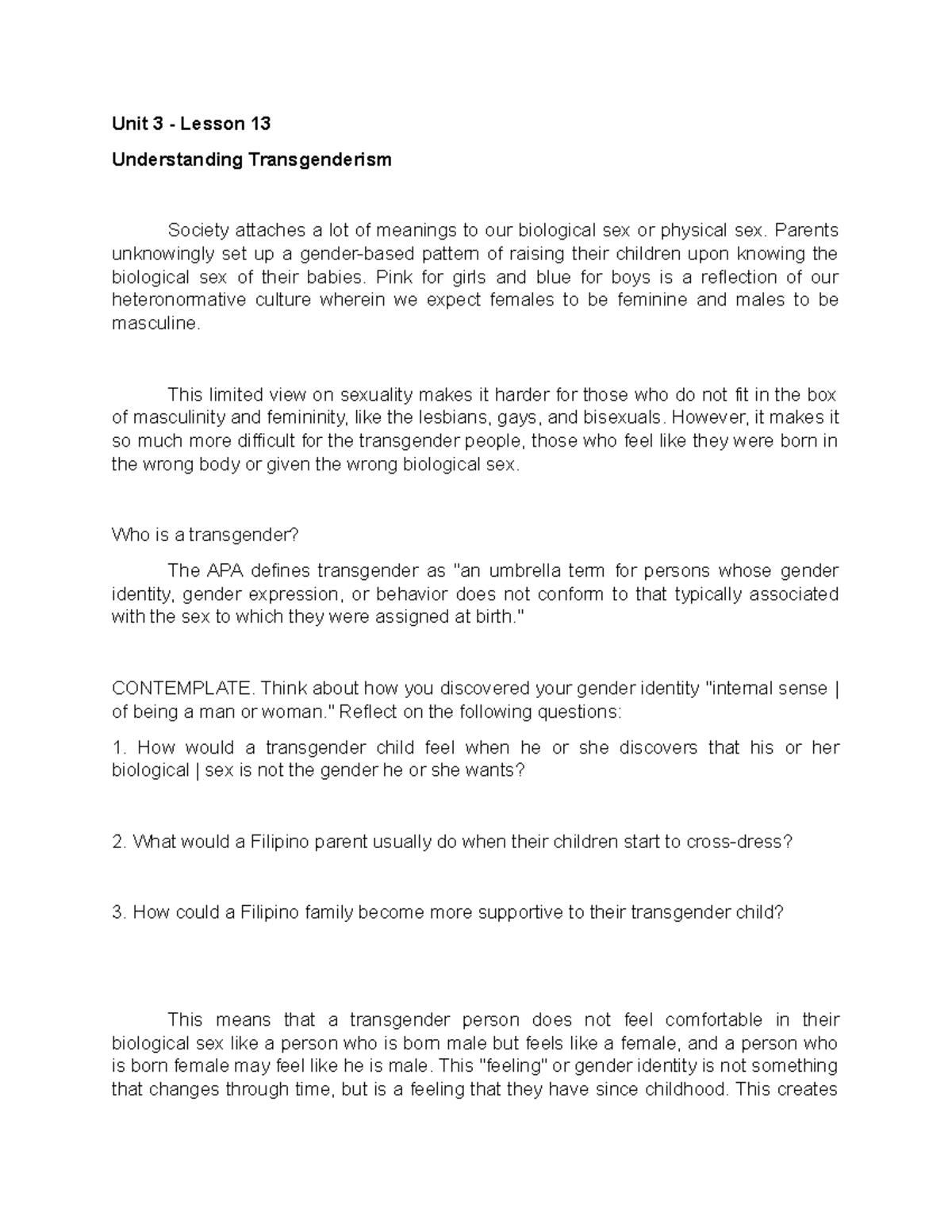 Understanding Transgenderism - Unit 3 - Lesson 13 Understanding ...