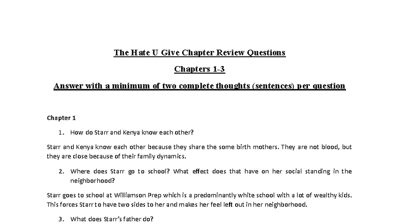 The Hate U Give Chapter Review Questions: Chapters 1-3 - Studocu