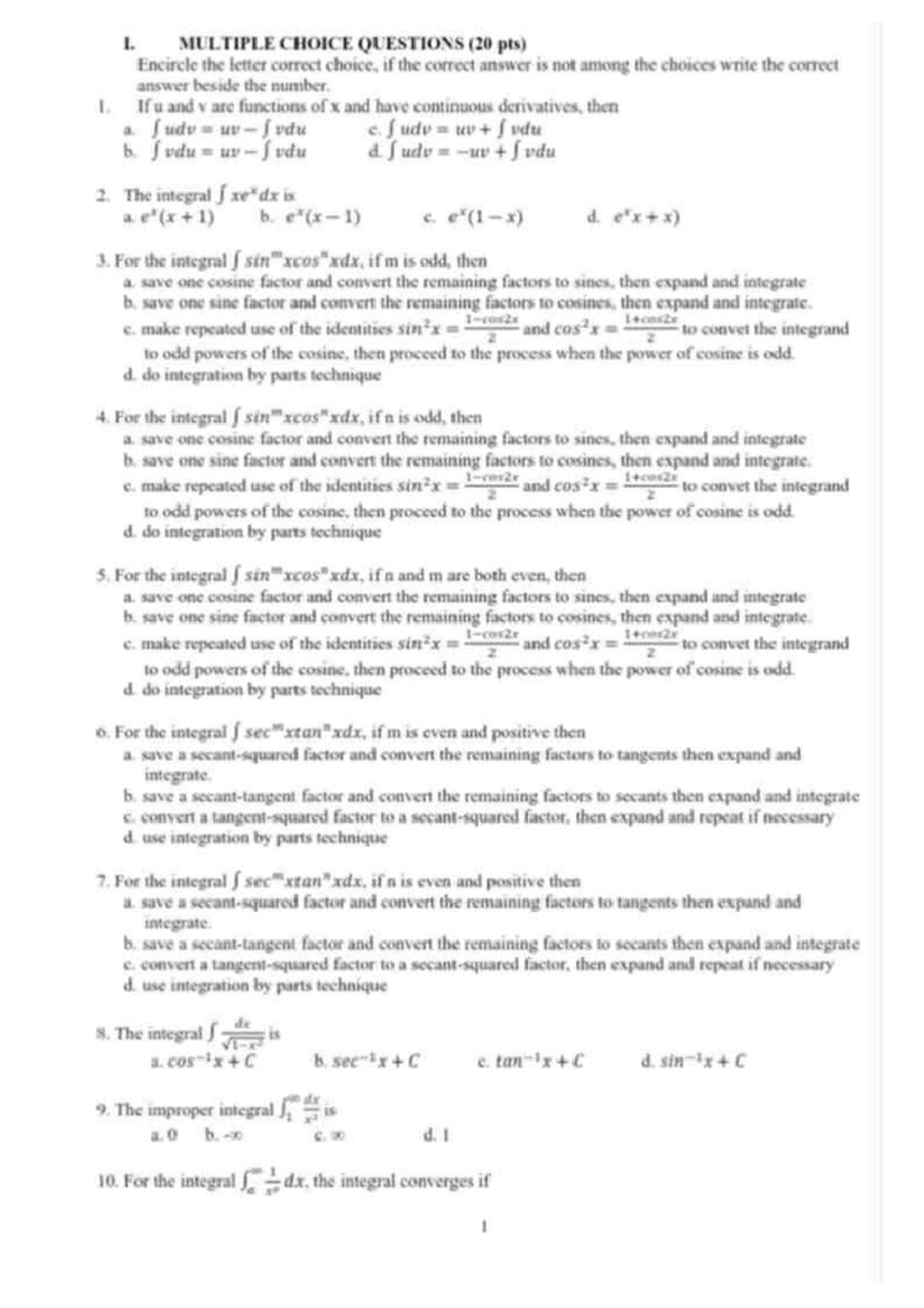 LQ2 - Multiple Choice Questions on Integration Techniques - Studocu