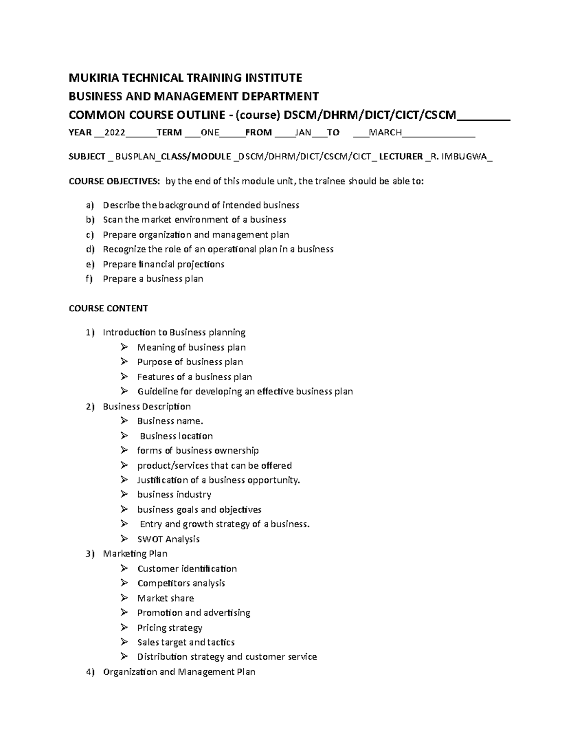 Business PLAN Course Outline - MUKIRIA TECHNICAL TRAINING INSTITUTE ...