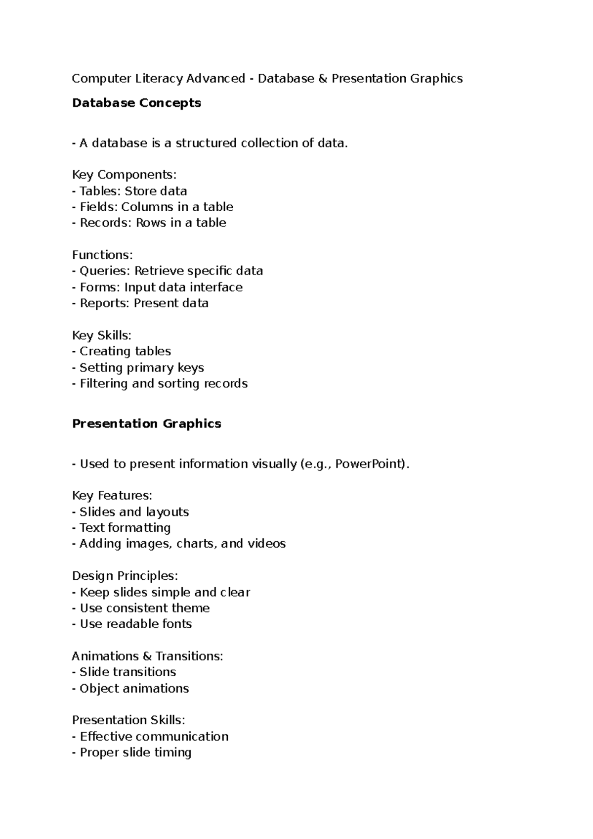 Computer Literacy 2 - Advanced Database & Presentation Graphics Notes ...