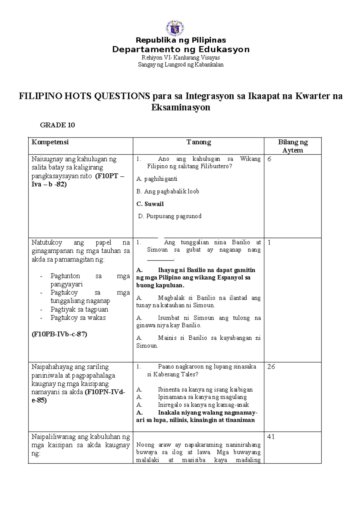 HOTS Filipino Questions for Grade 10 (Ikasampung Baitang) - Quarter 4 ...