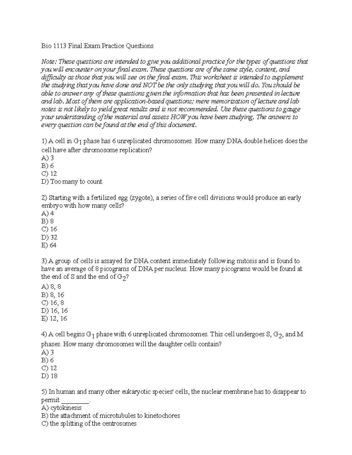 Bio 1113 Final Exam Practice Questions and Study Guide - Studocu
